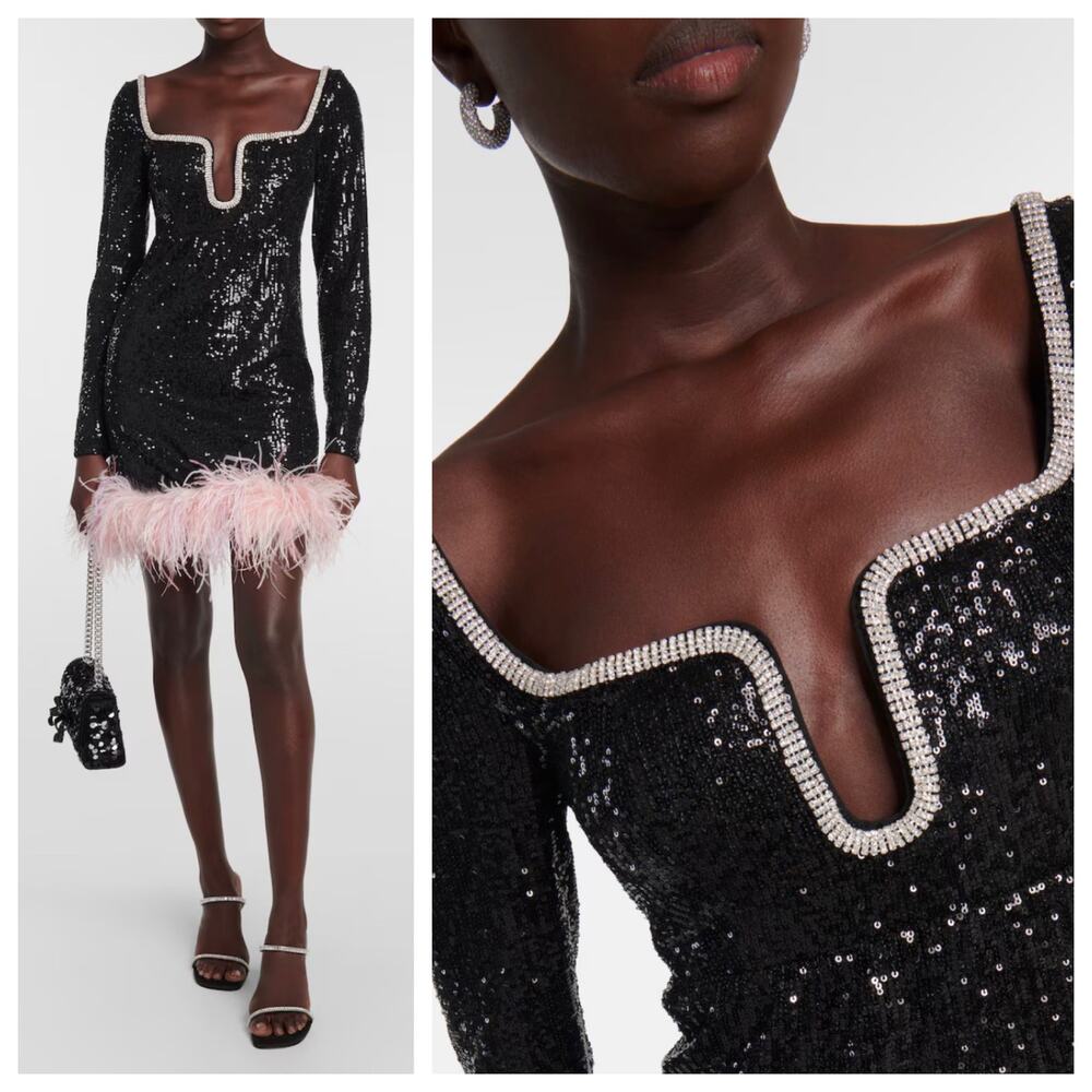 Self-Portrait Black Sequin Mini Dress with Pink Feather Hem